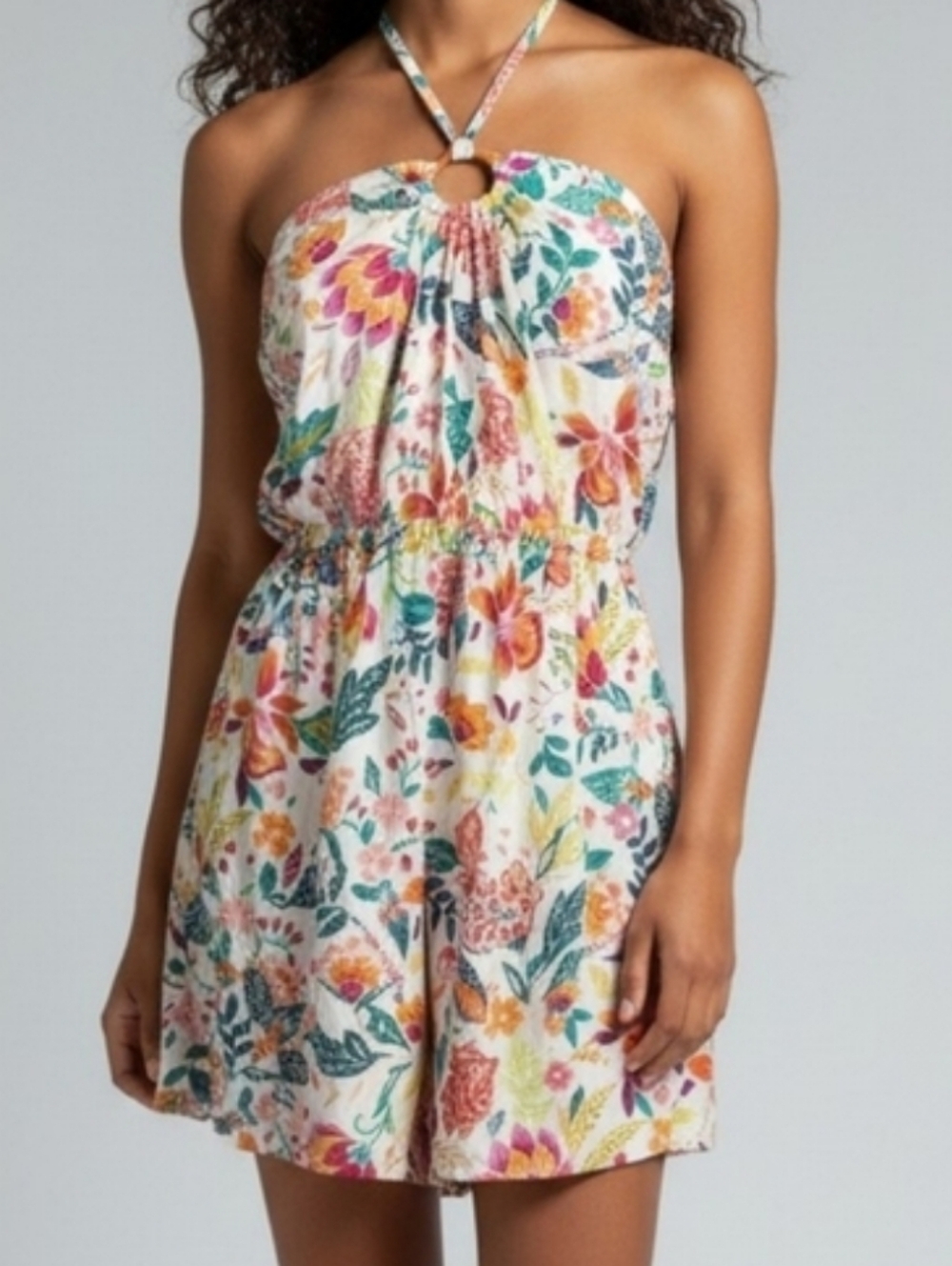 Old Navy Floral Halter Romper with Colorful Print And O ring Design M